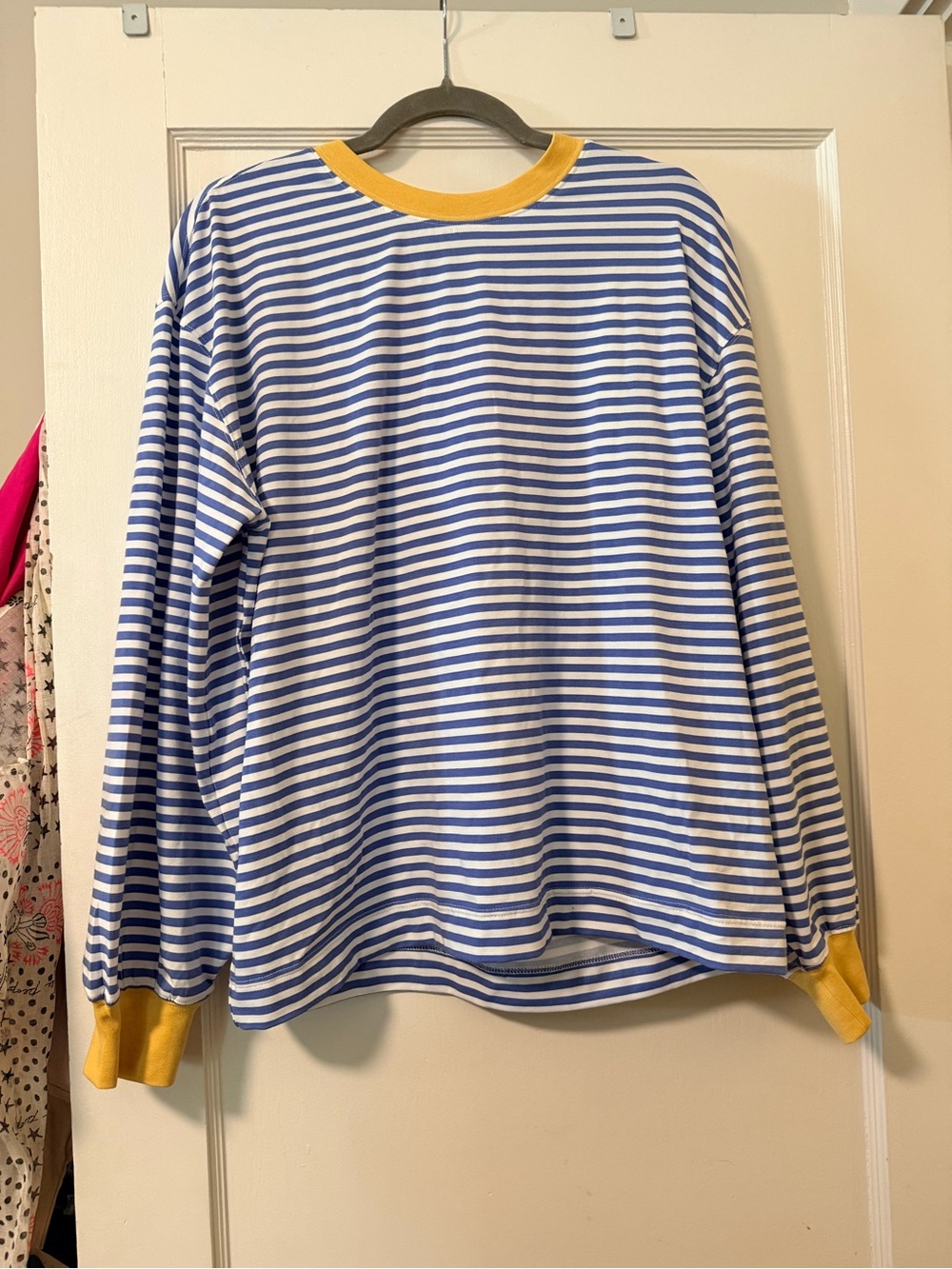 Women's Blue & White Striped Long Sleeve Tee with Yellow Trim